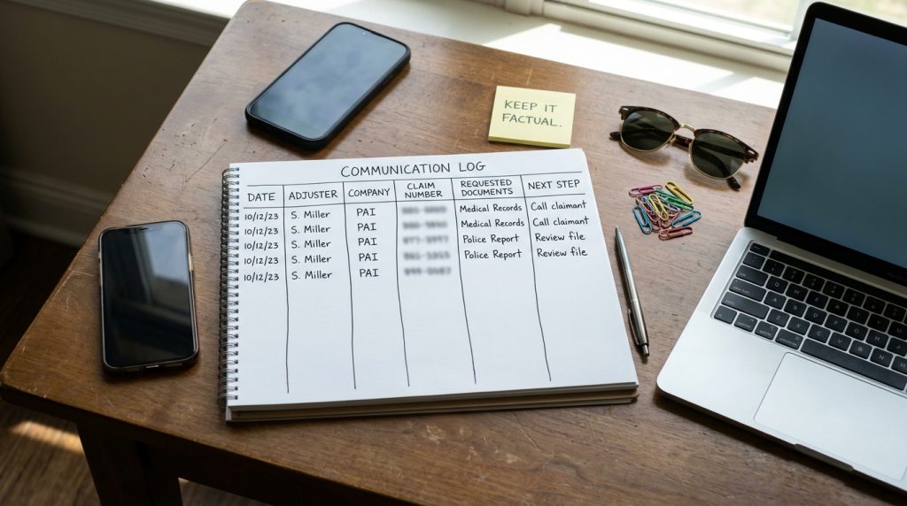 Phoenix accident insurance communication log with adjuster claim number documents and next steps