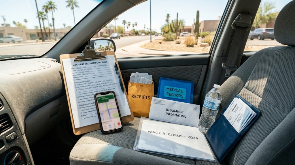 Phoenix accident recovery kit with checklist medical folder receipts insurance letter and phone directions
