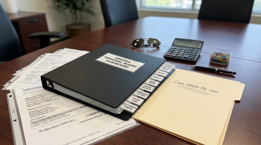 Arizona personal injury medical and expense dashboard with treatment records bills imaging therapy wage proof repair receipts insurance letters future care and settlement demand tabs