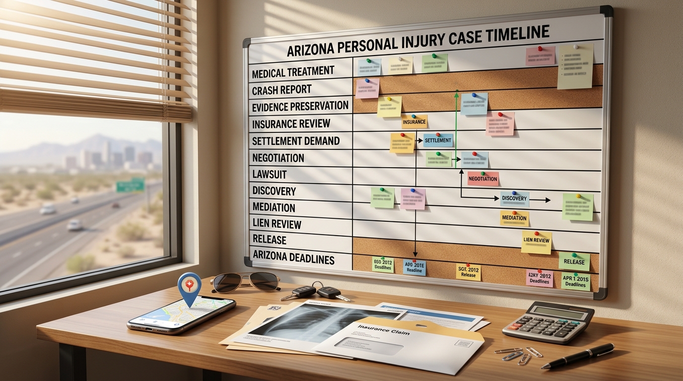 Arizona personal injury case timeline command center with medical treatment crash report evidence insurance review settlement demand lawsuit discovery mediation lien release and deadline notes