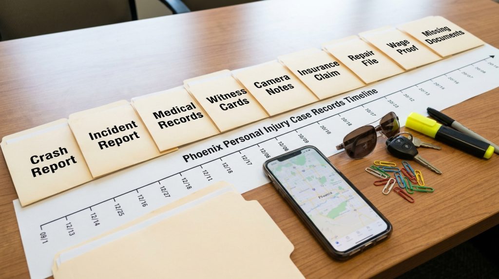 Phoenix personal injury case records timeline with crash report incident report medical records witness cards camera notes insurance claim repair file wage proof and missing documents