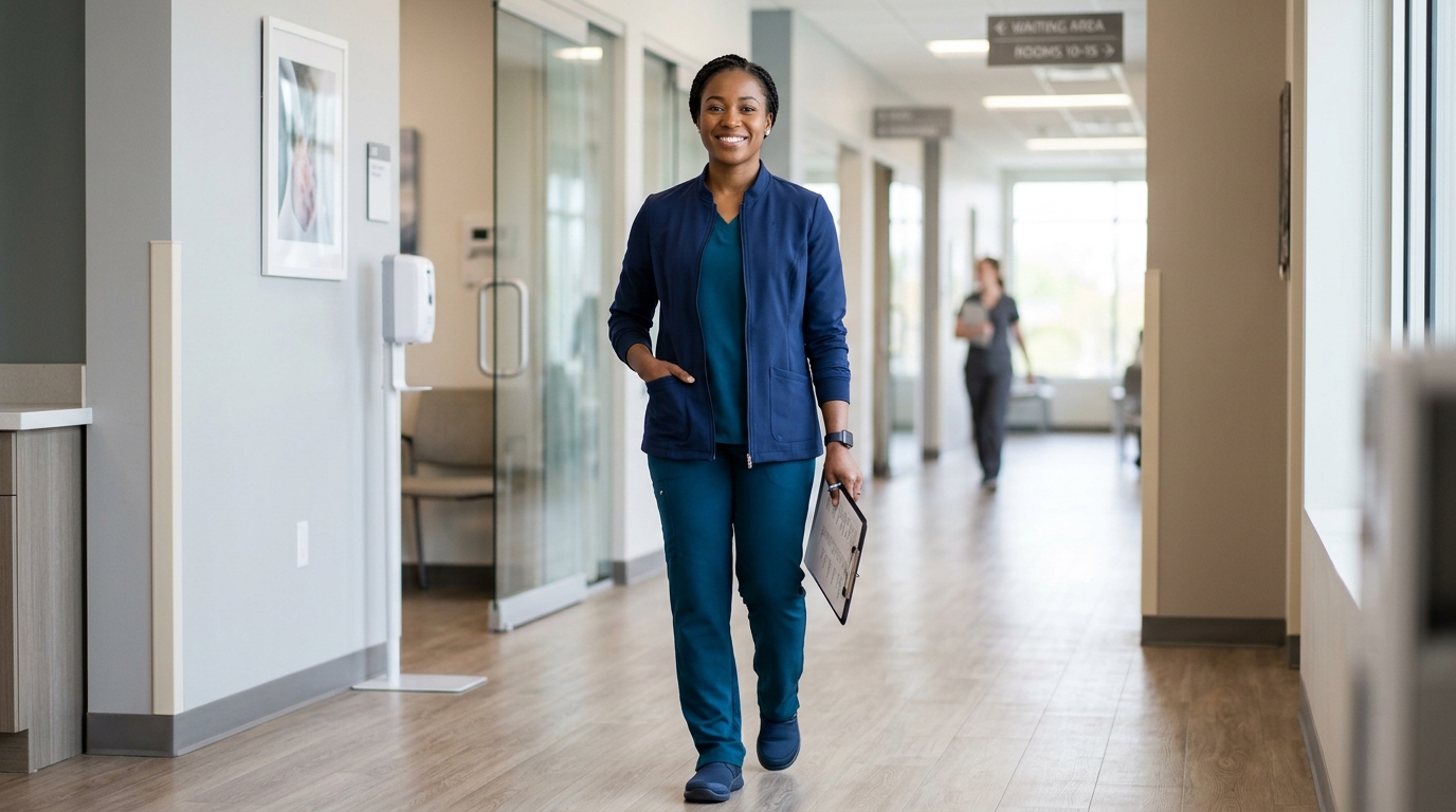 Female healthcare professional wearing a scrub jacket in a clinic hallway