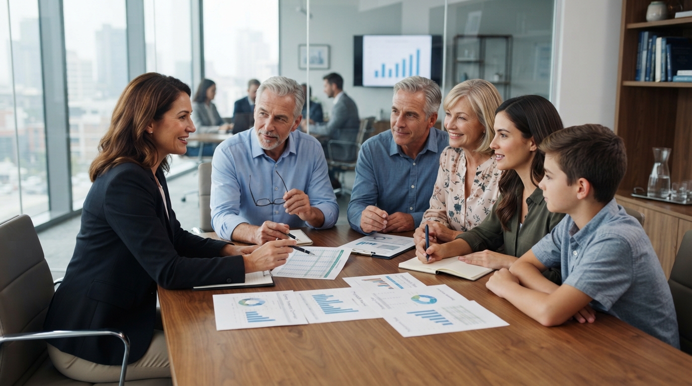 Family reviewing comprehensive financial roadmap with advisor