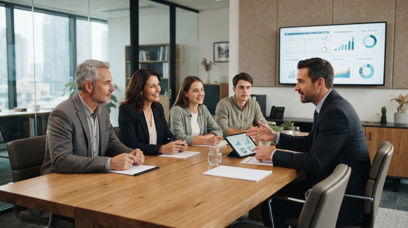 Family discussing comprehensive wealth planning with financial advisor