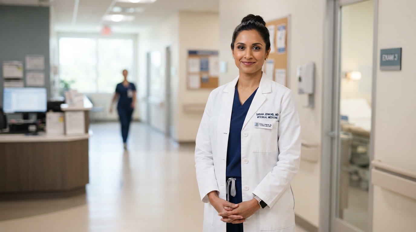 Female healthcare professional wearing a women’s lab coat over scrubs