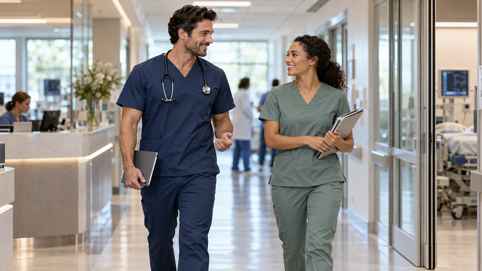 Healthcare professionals wearing modern professional scrub tops and pants