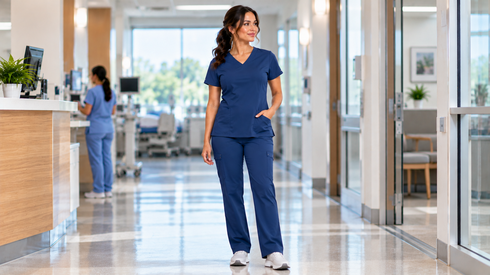 Female healthcare professional wearing a well-fitting women's scrub top