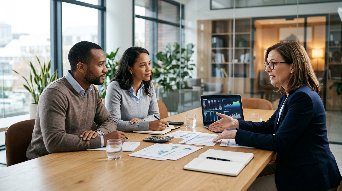 Adult reviewing a household budget and long-term financial goals with a financial advisor